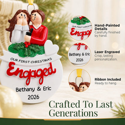 Close-up of the personalized Our First Christmas Engaged Christmas ornament: hand-painted detail, laser engraving