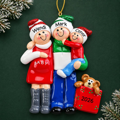 Personalized Our Second Miracle Expecting christmas ornament on a dark green pine background