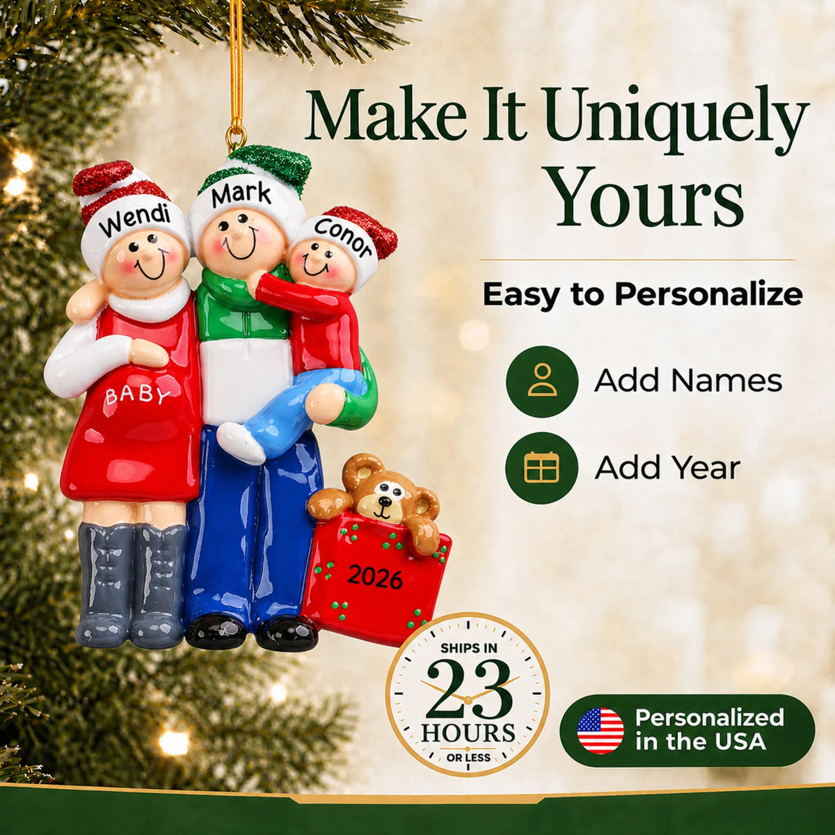 Make it yours: personalize the Our Second Miracle Expecting christmas ornament with names and year
