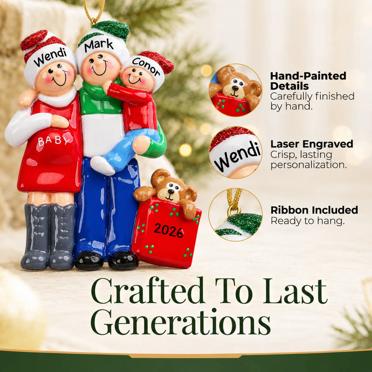 Hand-painted details and laser engraved personalization on the Our Second Miracle Expecting christmas ornament, ribbon included