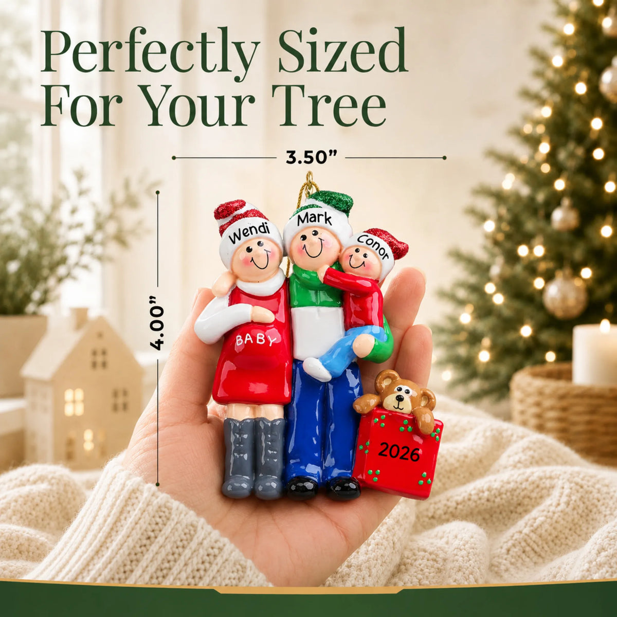 Size guide: the personalized Our Second Miracle Expecting christmas ornament is 3.50 in wide by 4.00 in tall, shown in hand