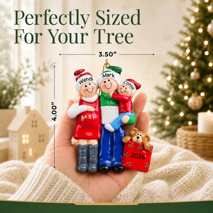 Size guide: the personalized Our Second Miracle Expecting christmas ornament is 3.50 in wide by 4.00 in tall, shown in hand