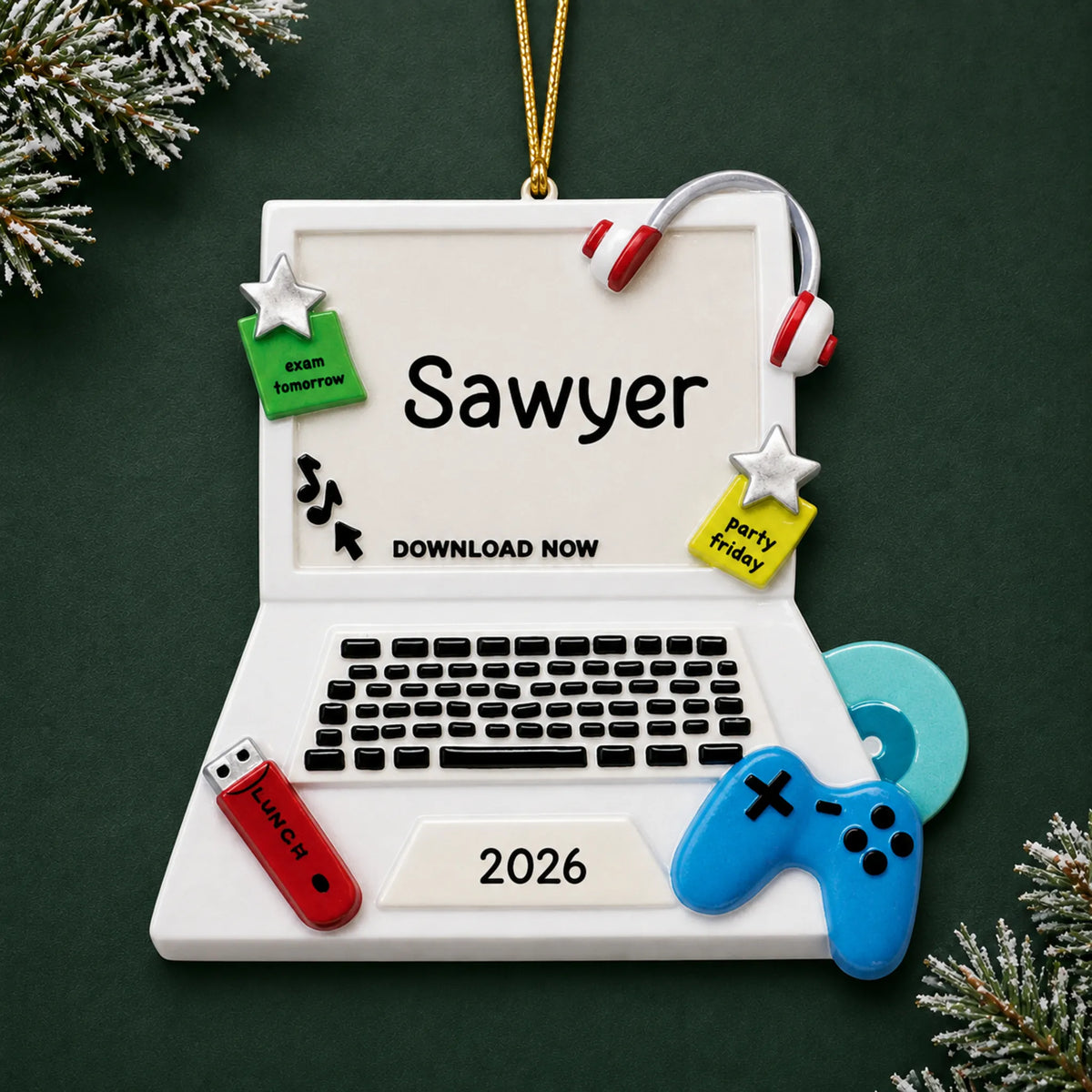 Personalized video games christmas ornament on a dark green pine background