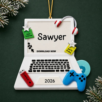 Personalized video games christmas ornament on a dark green pine background
