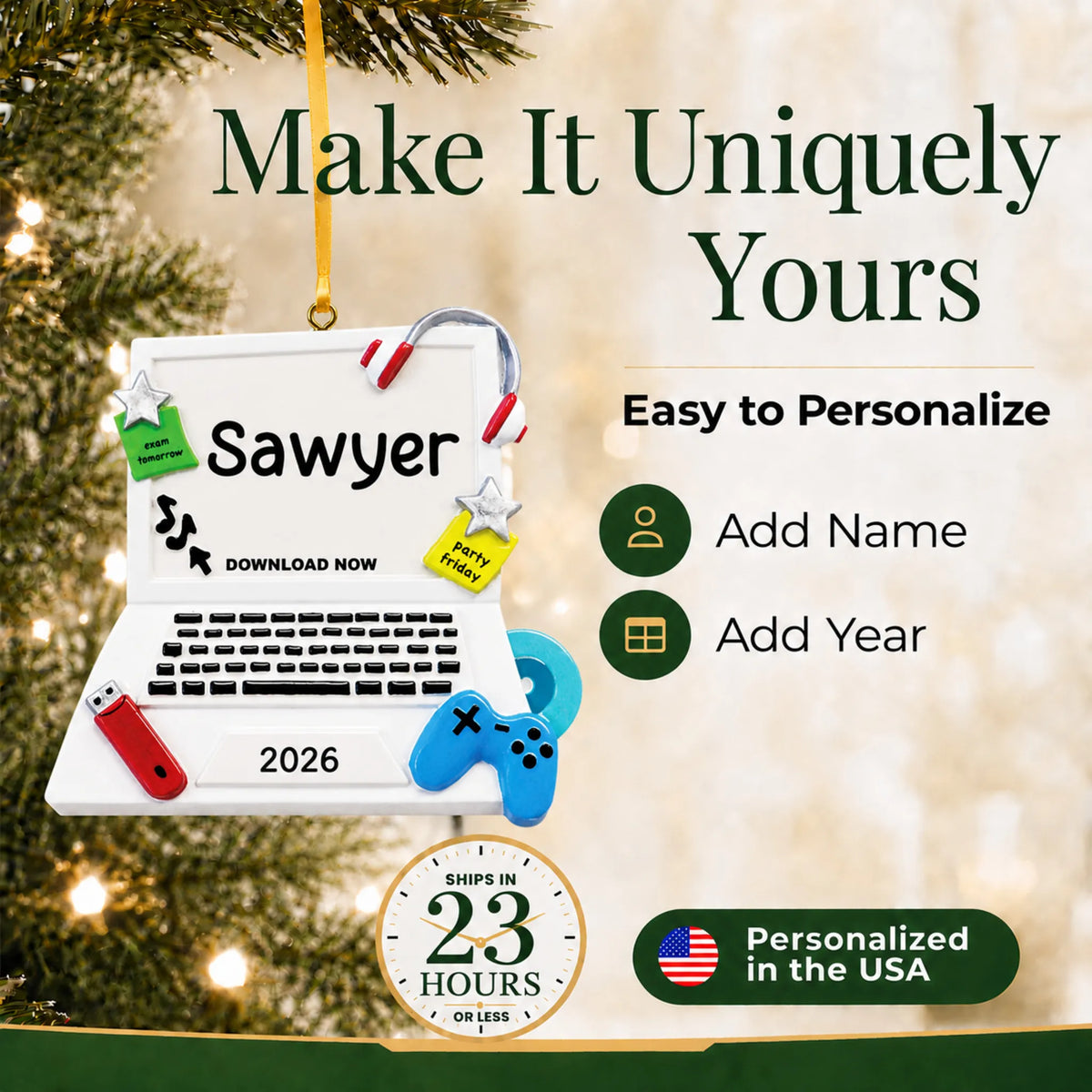 Make it yours: add name and year to the personalized video games christmas ornament