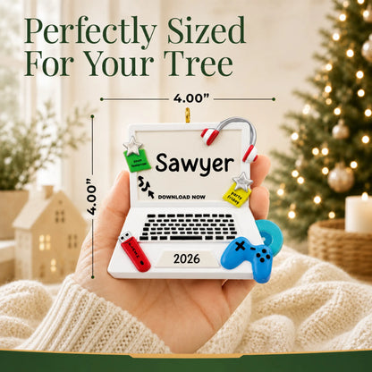 Size guide: the personalized video games christmas ornament is 4.00 in wide by 4.00 in tall, shown in hand