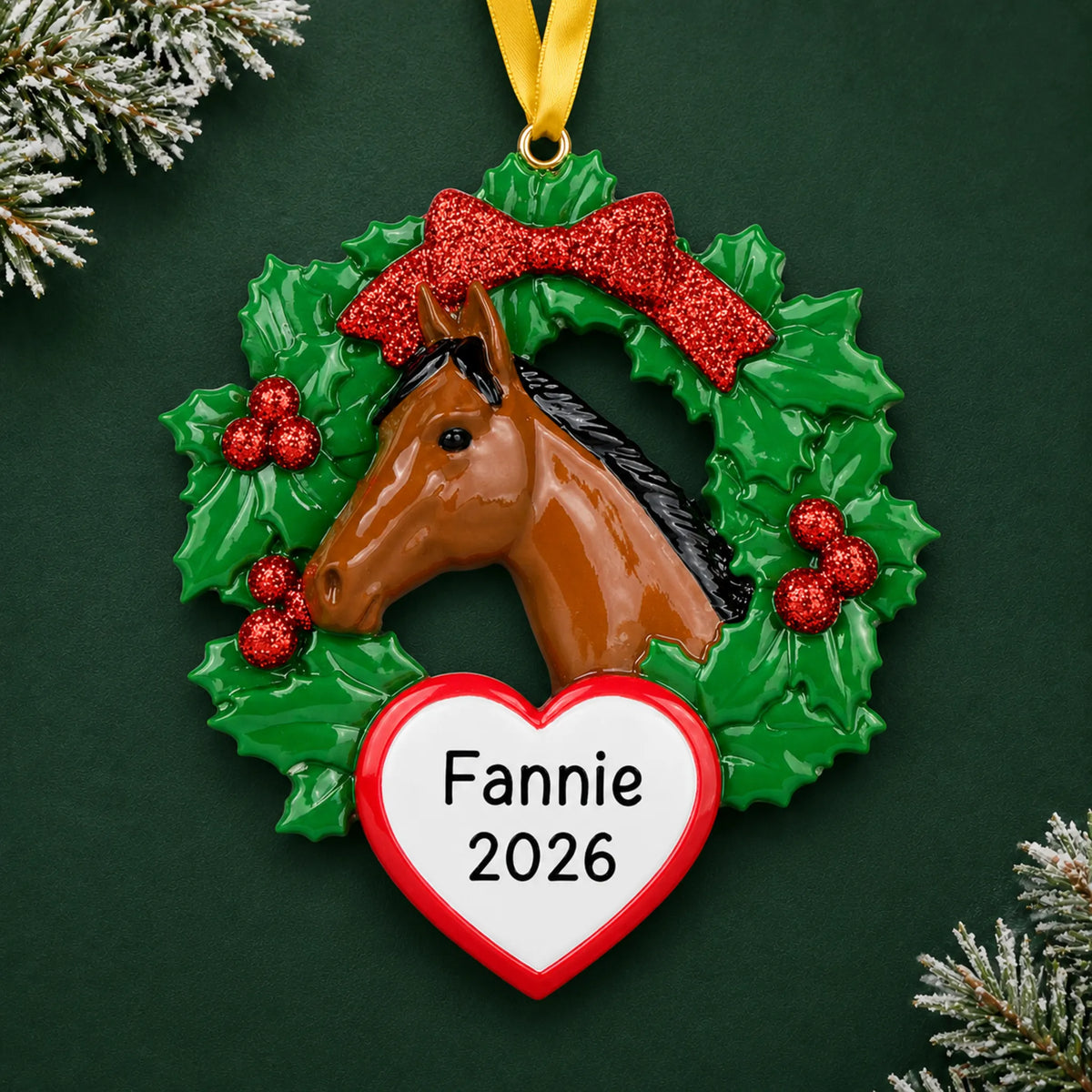 Personalized horse wreath christmas ornament on a dark green pine background