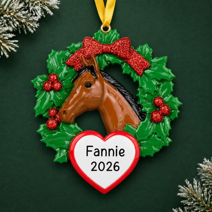 Personalized horse wreath christmas ornament on a dark green pine background
