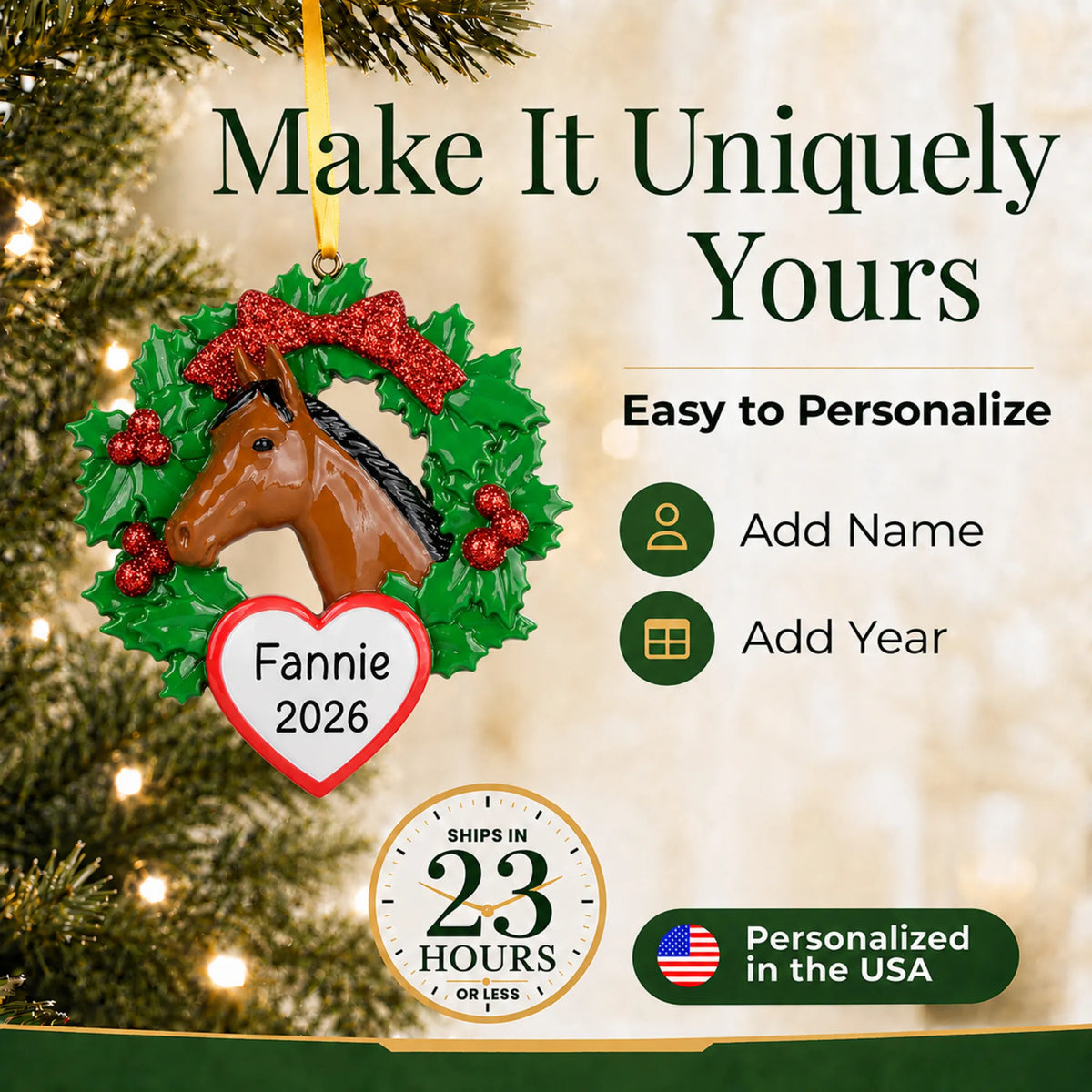 Make it yours: add name and year to the personalized horse wreath christmas ornament