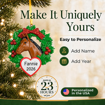 Make it yours: add name and year to the personalized horse wreath christmas ornament