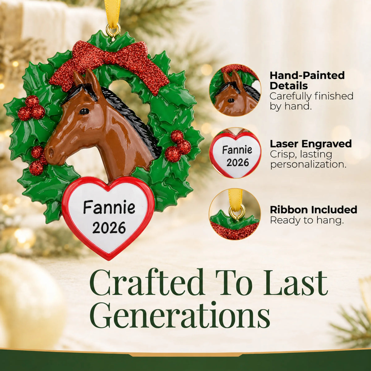 Hand-painted details and laser engraved personalization on the horse wreath christmas ornament, ribbon included