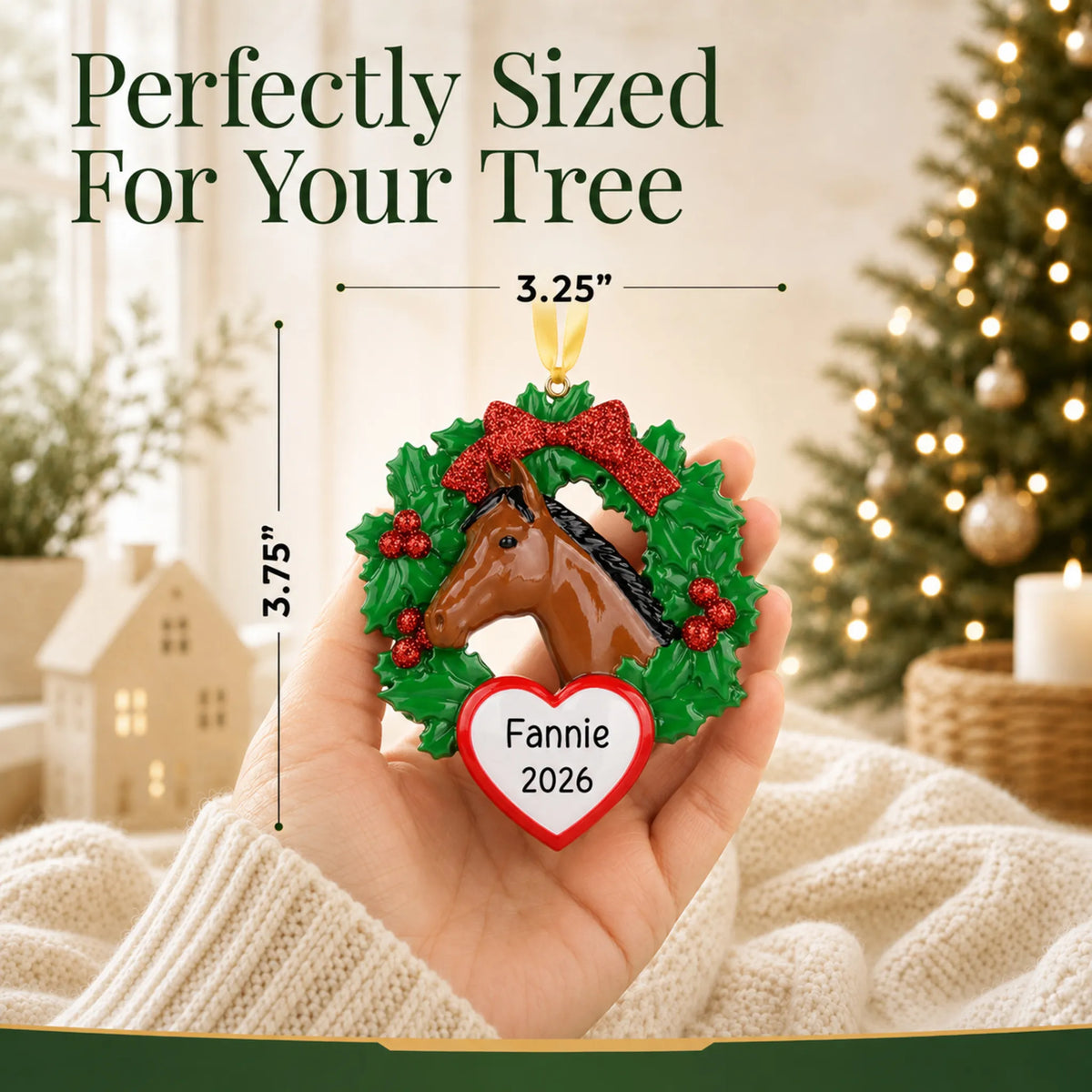 Size guide: the personalized horse wreath christmas ornament shown in hand next to a Christmas tree
