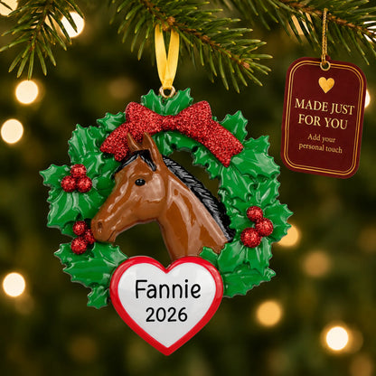 Horse wreath christmas ornament hanging on a lit Christmas tree with a Made Just For You gift tag