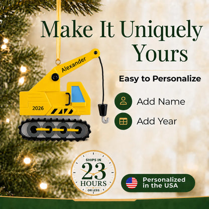 Make it yours: add name and year to the personalized construction crane christmas ornament