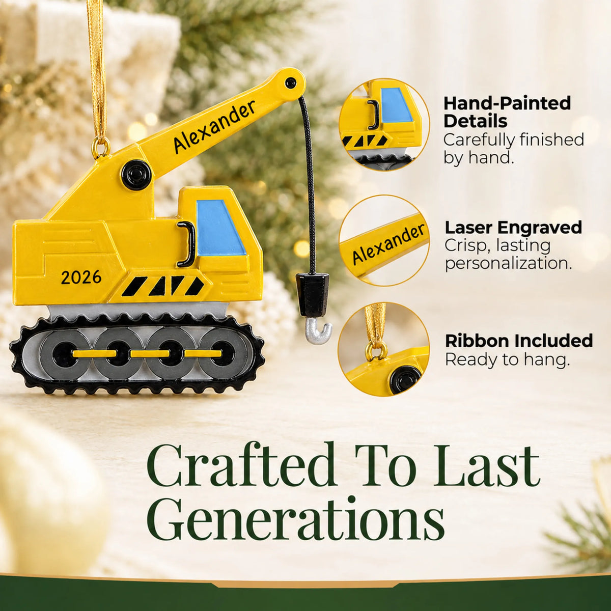 Hand-painted details and laser engraved personalization on the construction crane christmas ornament, ribbon included
