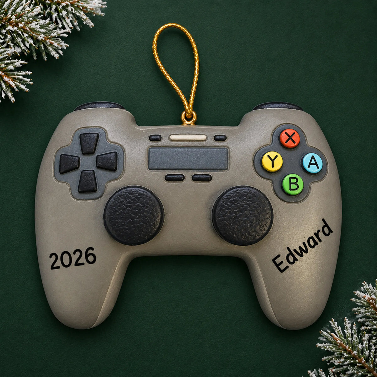 Personalized 3d video game controller christmas ornament on a dark green pine background