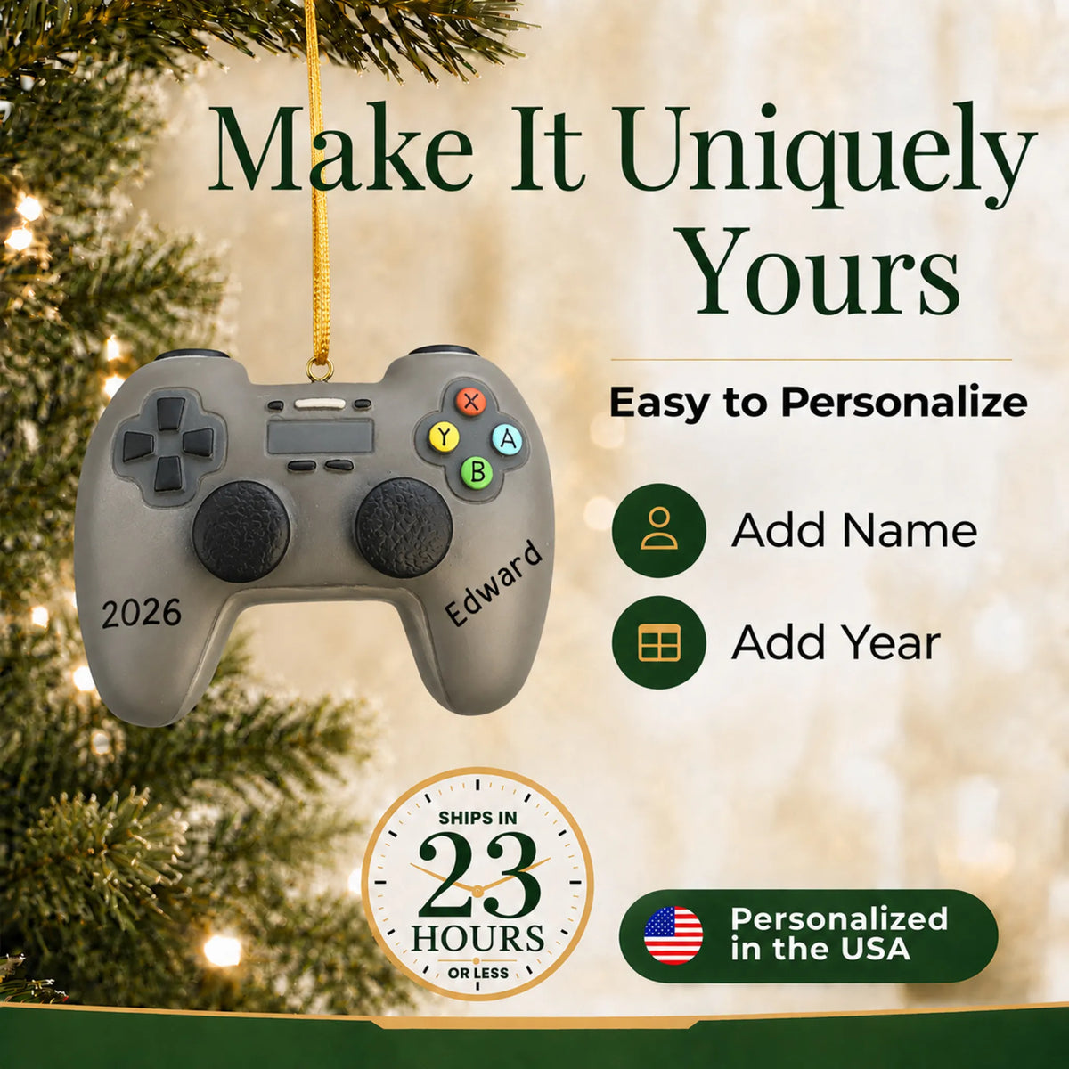 Make it yours: add name and year to the personalized 3d video game controller christmas ornament