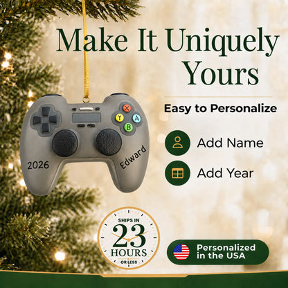 Make it yours: add name and year to the personalized 3d video game controller christmas ornament