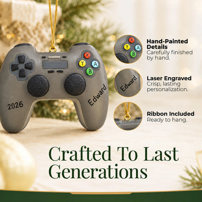 Hand-painted details and laser engraved personalization on the 3d video game controller christmas ornament, ribbon included