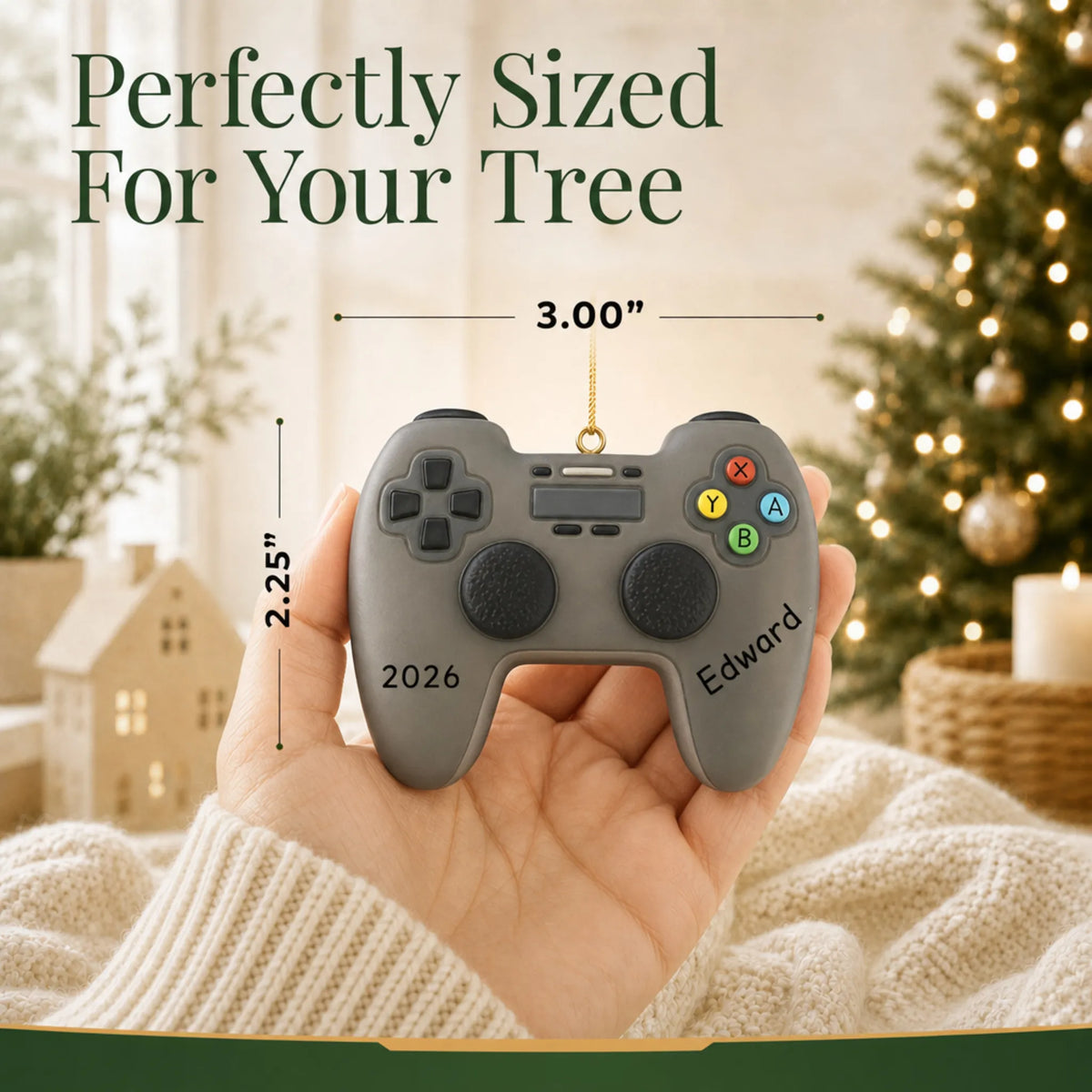 Size guide: the personalized 3d video game controller christmas ornament is 3.00 in wide by 2.25 in tall, shown in hand