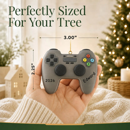 Size guide: the personalized 3d video game controller christmas ornament is 3.00 in wide by 2.25 in tall, shown in hand