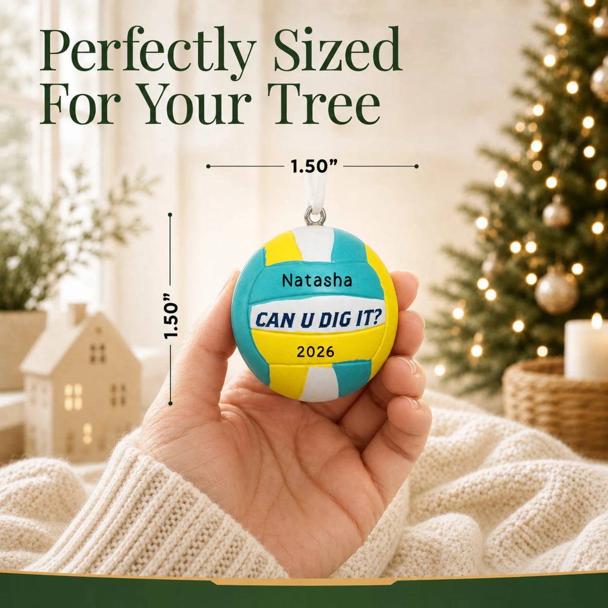 Size guide: the personalized Can U Dig It volleyball christmas ornament is 1.50 in wide by 1.50 in tall, shown in hand