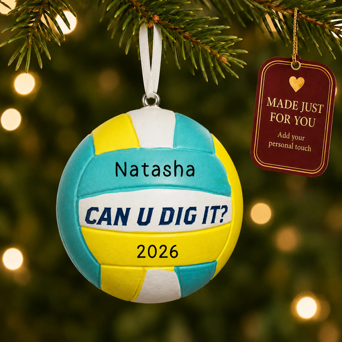 Can U Dig It volleyball christmas ornament hanging on a lit Christmas tree with a Made Just For You gift tag