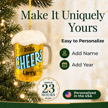 Personalized beer mug Christmas ornament: add a name and year, ships in 23 hours, personalized in the USA