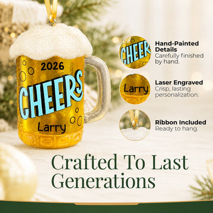 Personalized beer mug Christmas ornament details: hand-painted finish, crisp laser engraving, and ribbon included to hang