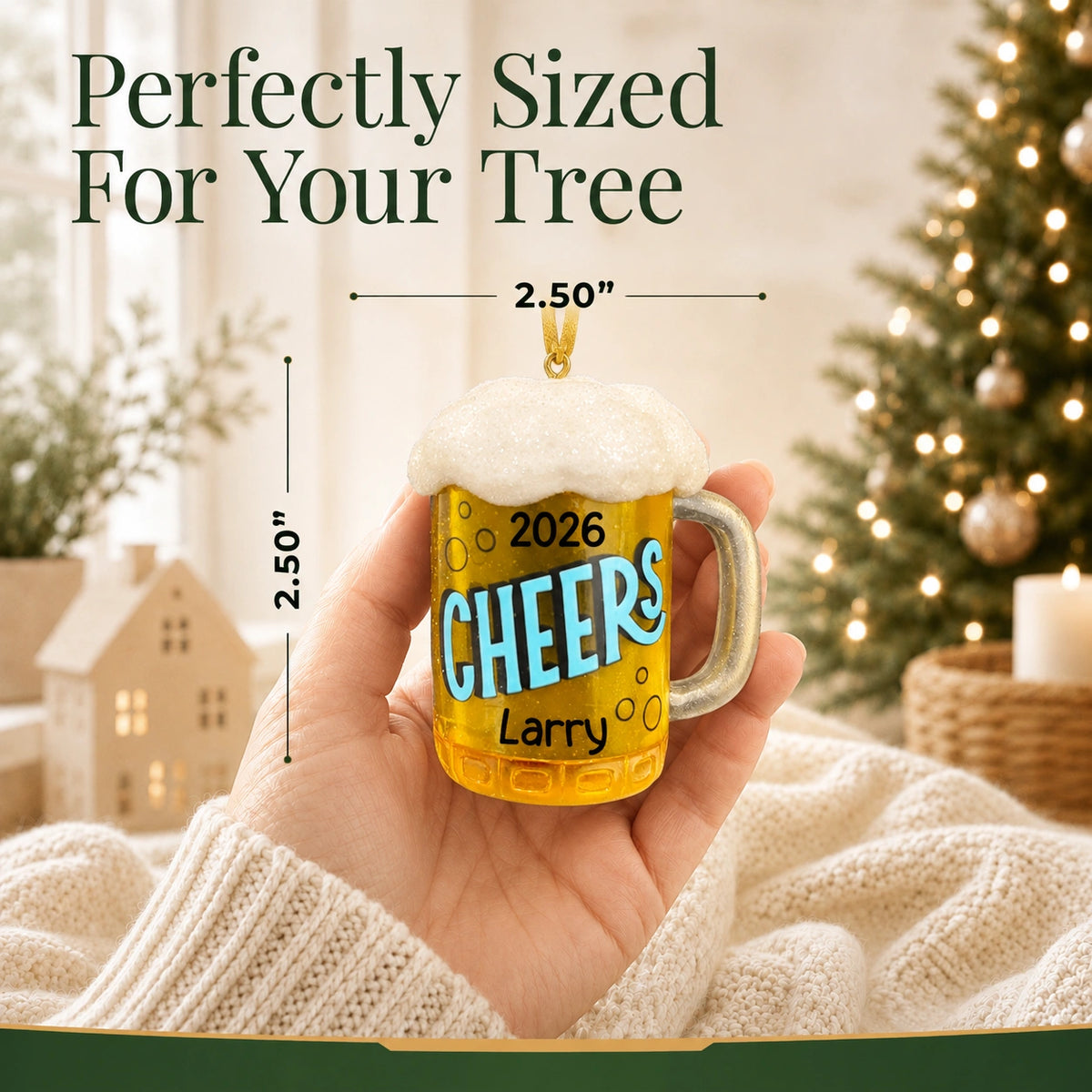 Personalized beer mug Christmas ornament held in hand to show size, about 2.5 inches wide by 2.5 inches tall