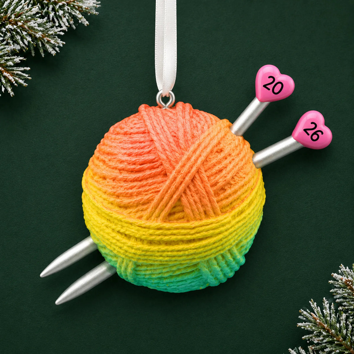 Personalized 3d knitting yarn ball christmas ornament on a dark green pine background