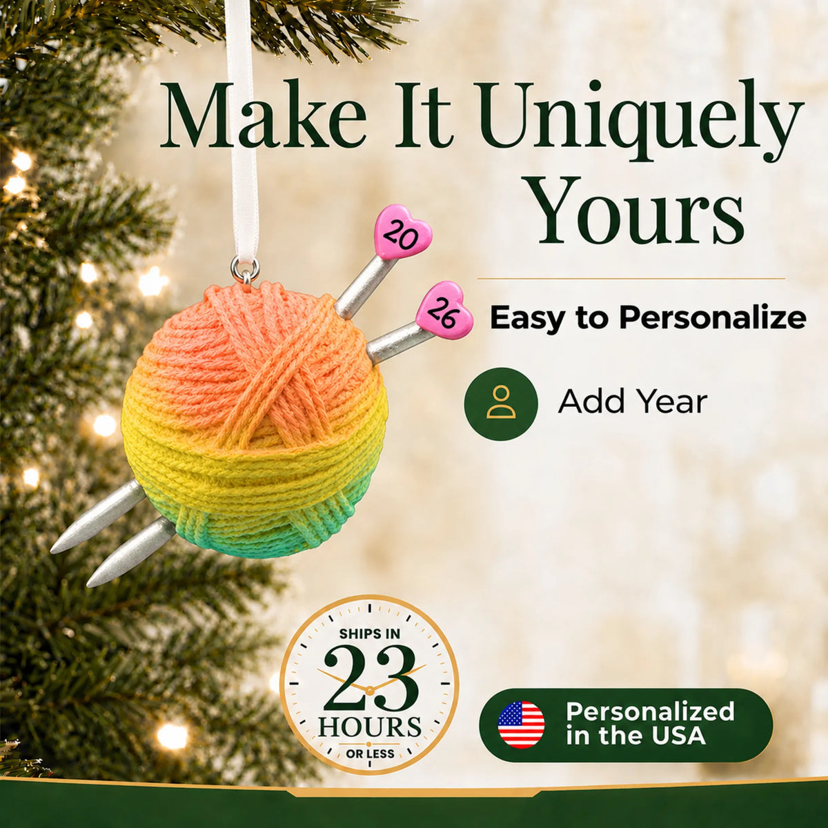 Make it yours: add year to the personalized 3d knitting yarn ball christmas ornament