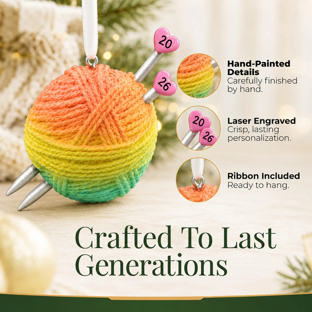 Hand-painted details and laser engraved personalization on the 3d knitting yarn ball christmas ornament, ribbon included