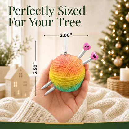 Size guide: the personalized 3d knitting yarn ball christmas ornament is 3.50 in wide by 2.00 in tall, shown in hand