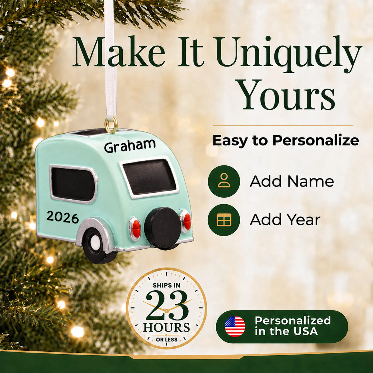 Make it yours: personalize the teardrop camper trailer christmas ornament