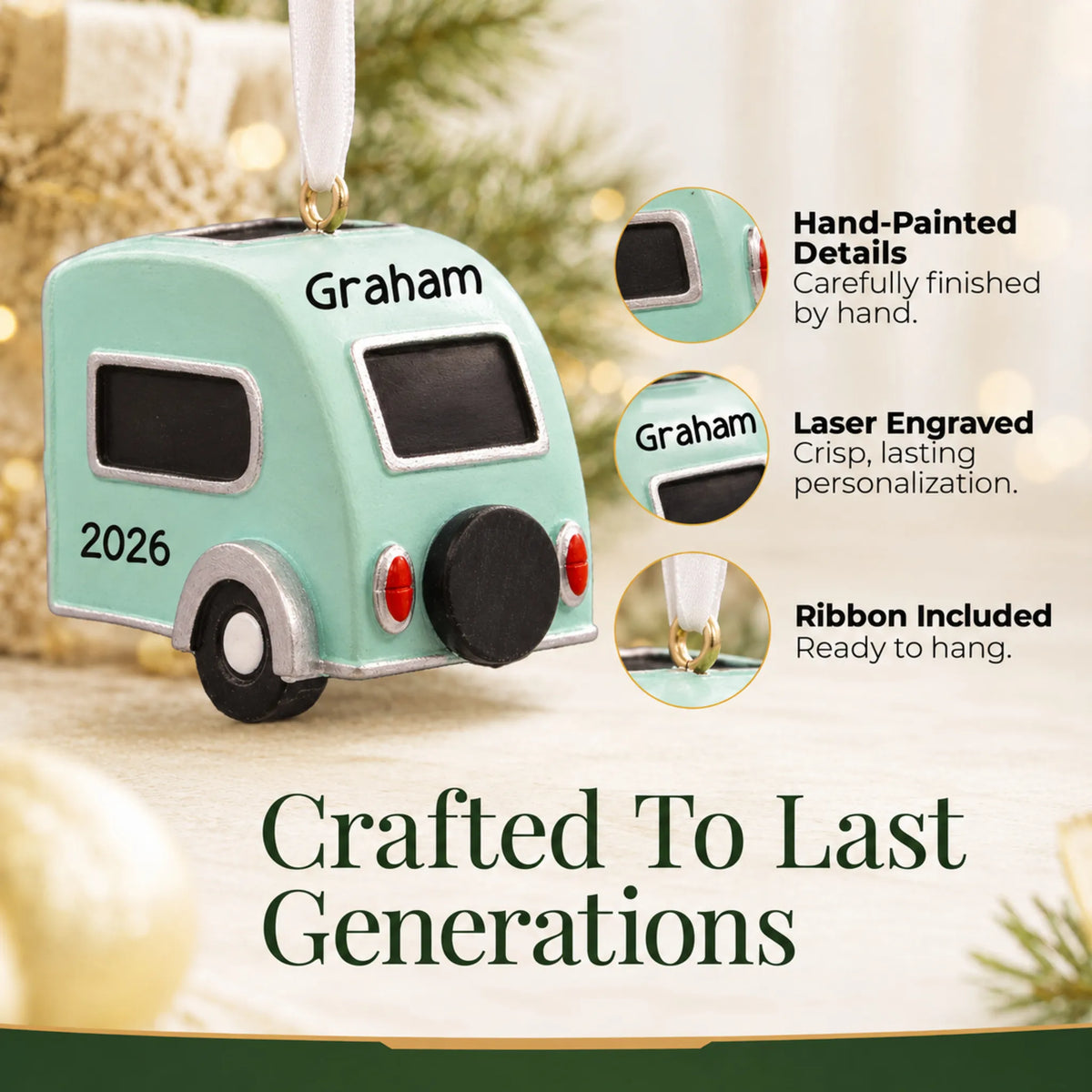 Hand-painted details and laser engraved personalization on the teardrop camper trailer christmas ornament, ribbon included