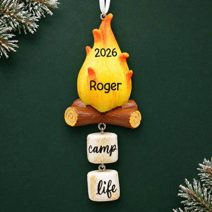 Personalized campfire christmas ornament on a dark green pine background