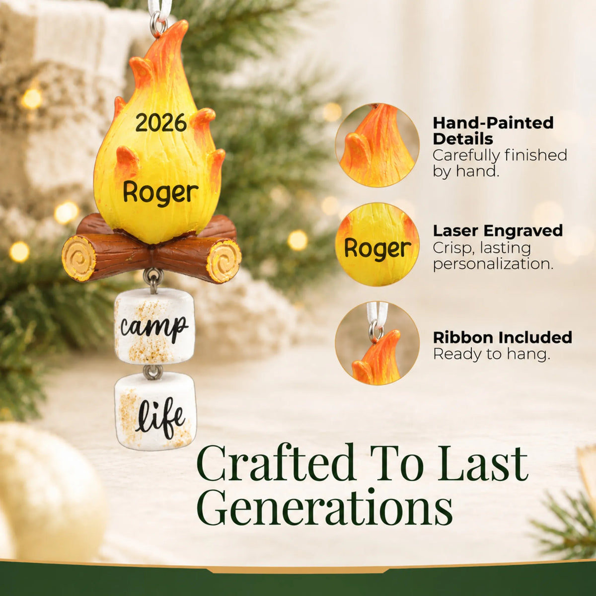 Hand-painted details and laser engraved personalization on the campfire christmas ornament, ribbon included