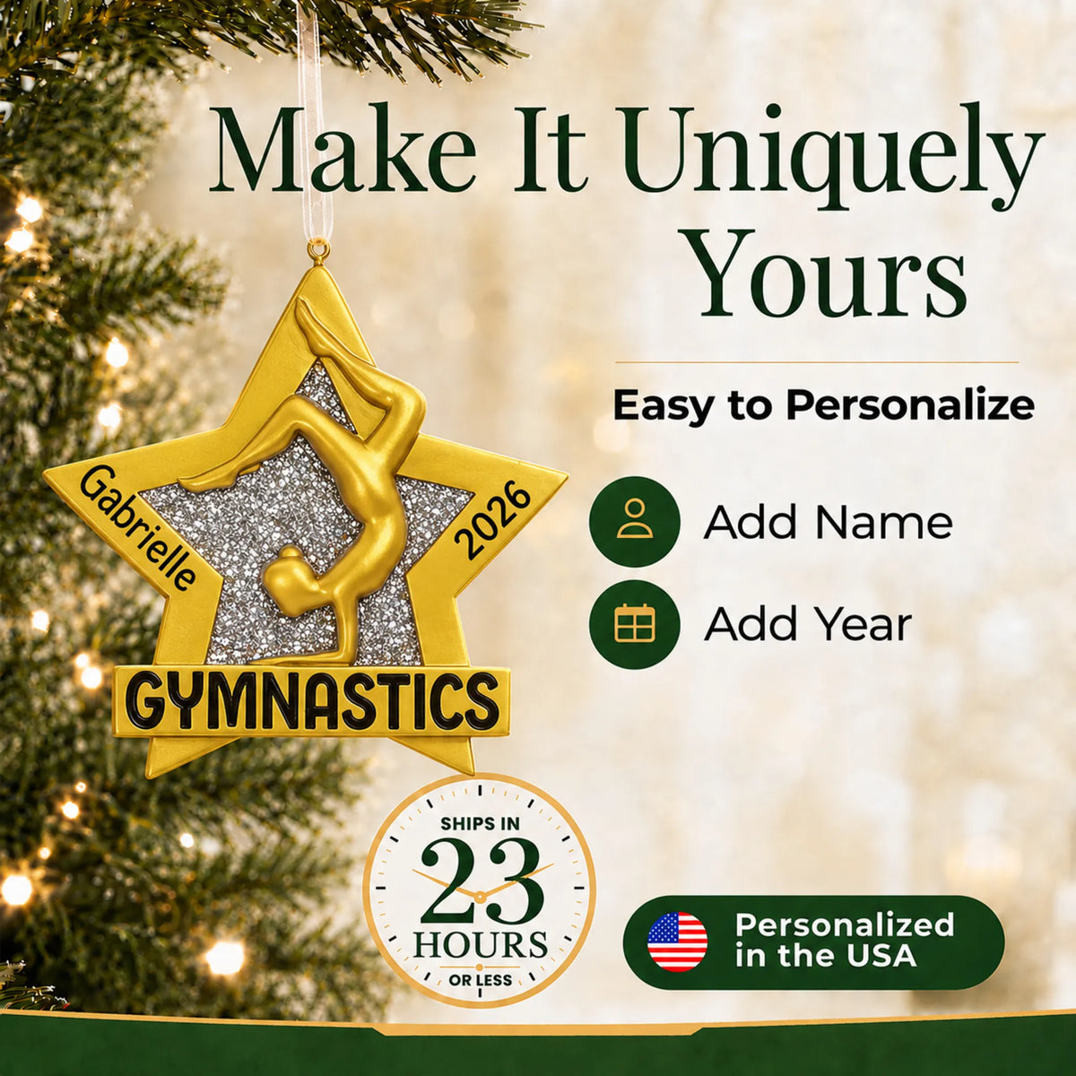 Make it yours: add name and year to the personalized gymnastics gold star christmas ornament