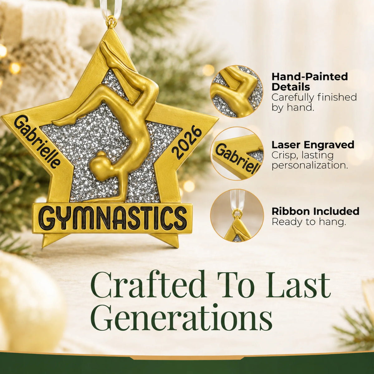Hand-painted details and laser engraved personalization on the gymnastics gold star christmas ornament, ribbon included