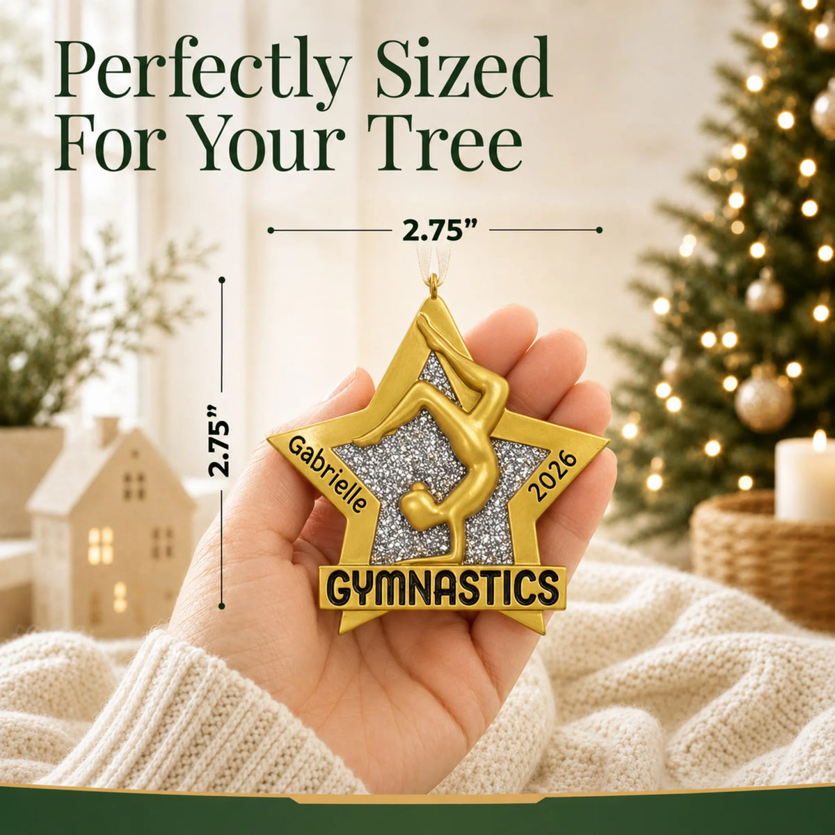 Size guide: the personalized gymnastics gold star christmas ornament is 2.75 in wide by 2.75 in tall, shown in hand