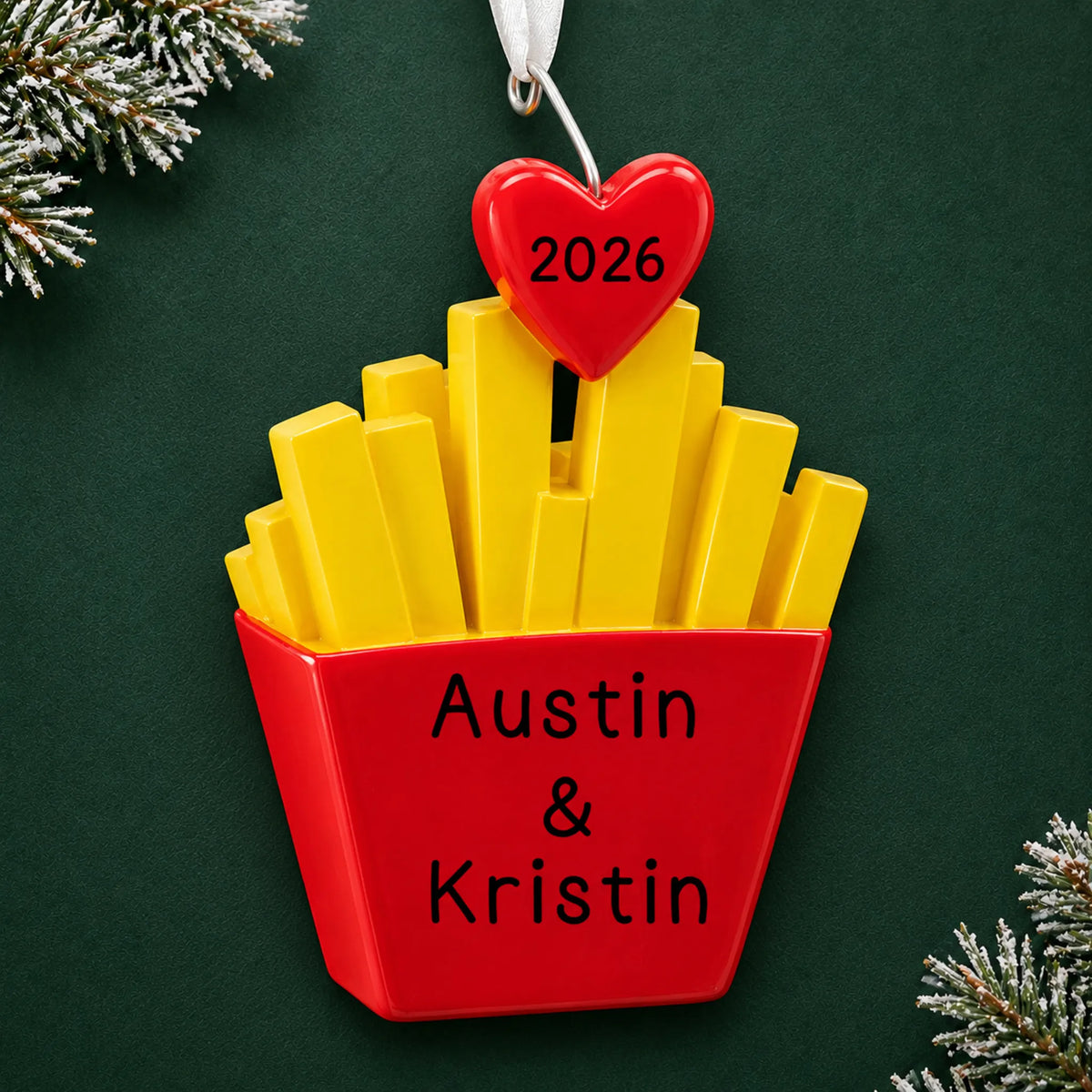 Personalized French Fries For You christmas ornament on a dark green pine background