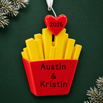 Personalized French Fries For You christmas ornament on a dark green pine background
