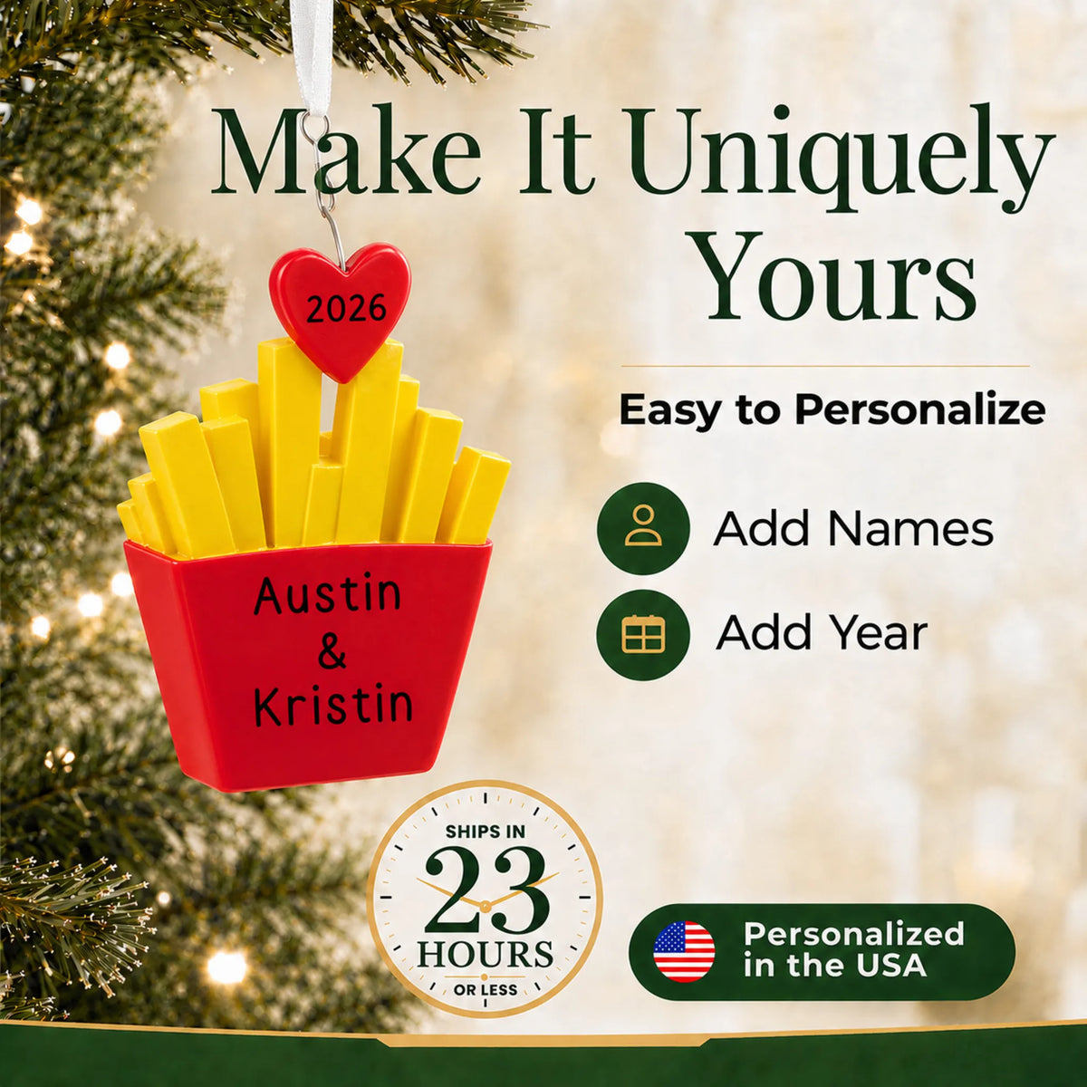Make it yours: personalize the French Fries For You christmas ornament