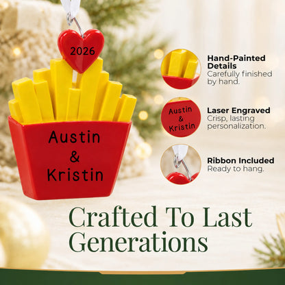 Hand-painted details and laser engraved personalization on the French Fries For You christmas ornament, ribbon included