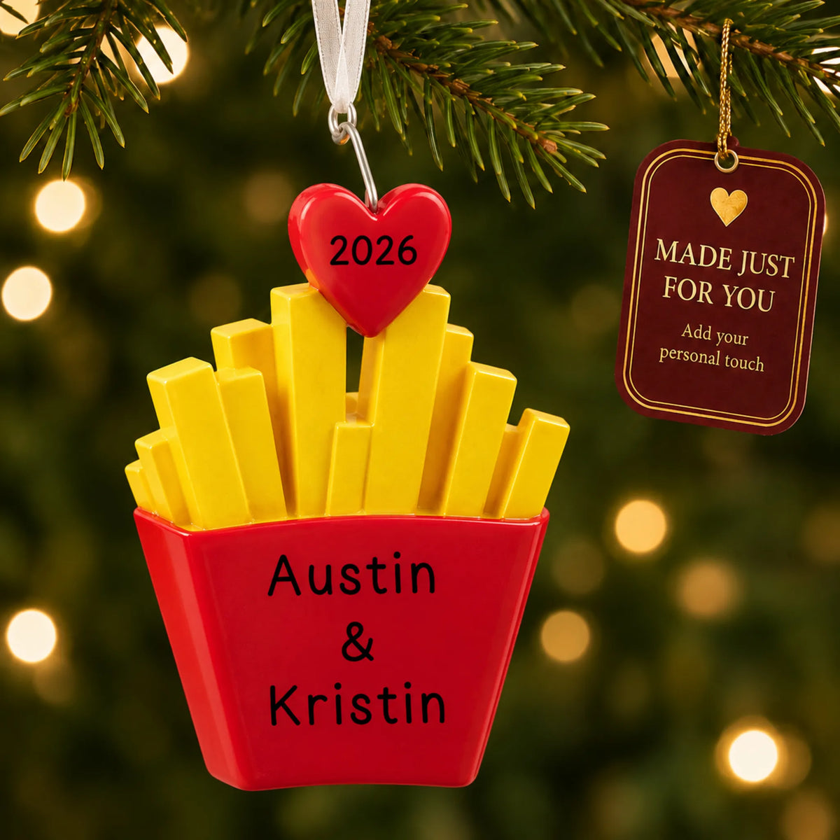 French Fries For You christmas ornament hanging on a lit Christmas tree with a Made Just For You gift tag
