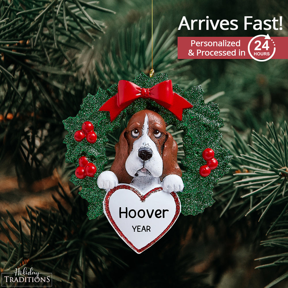 Basset Hound Wreath Christmas Ornament