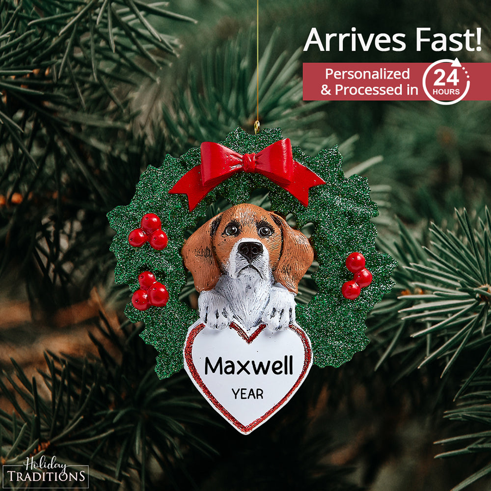 Beagle With Wreath Christmas Ornament