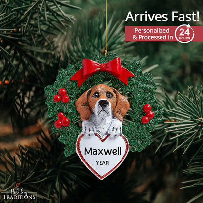 Beagle With Wreath Christmas Ornament