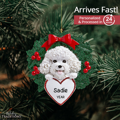 Bichon Frise With Wreath Christmas Ornament